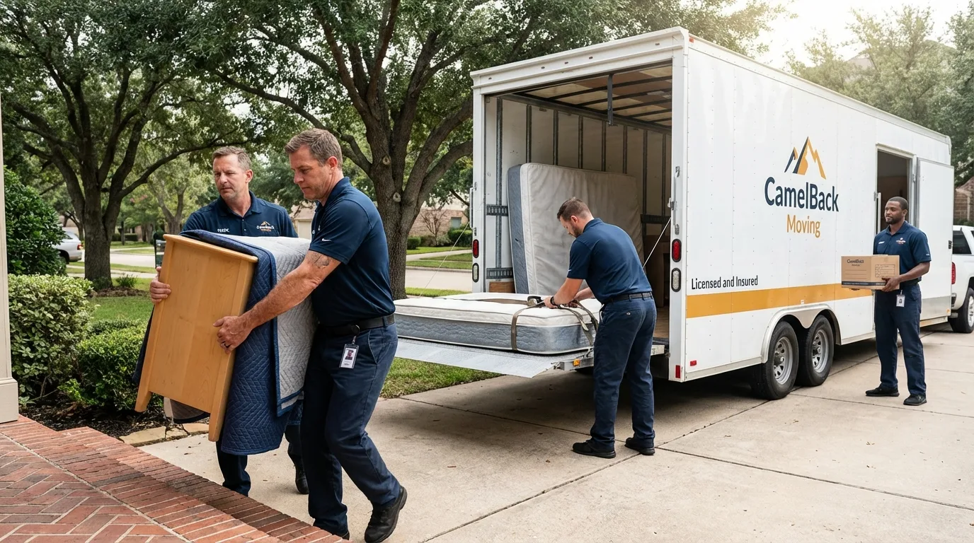 Crew loading residential truck for cross-state move from Stewartville, MN