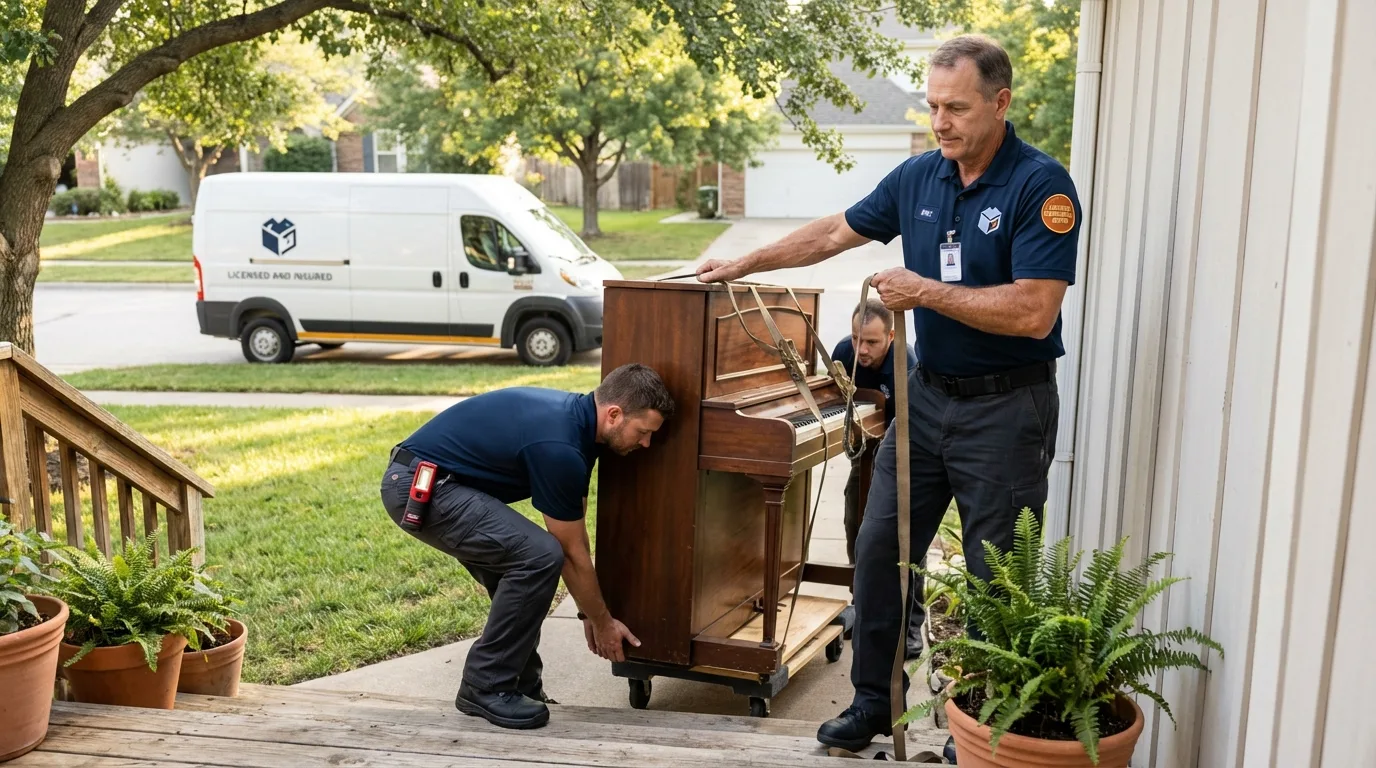 Licensed piano movers securing grand piano in Stewartville, MN