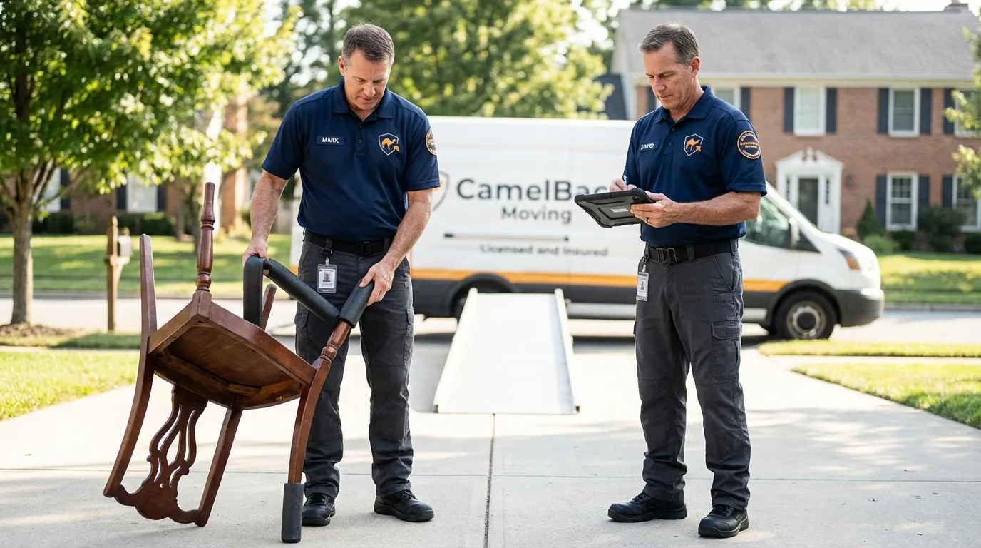 Movers inspecting furniture for damage prevention before loading in Stewartville, MN