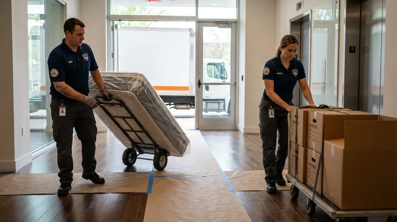Professional apartment movers loading elevator in Stewartville, MN