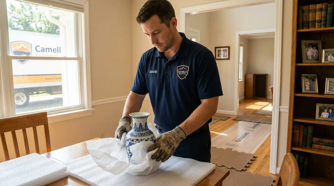 Professional crew carefully wrapping antique vase for senior downsizing move in Stewartville, MN